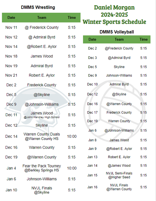 DMMS Winter Sports Schedules